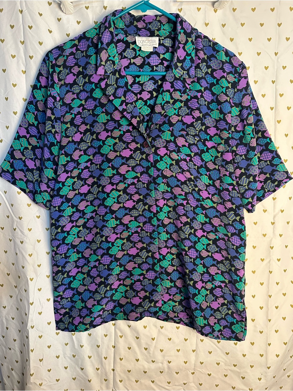 Vintage 1980s Doncaster button down shirt w Purple & Teal Fish Print